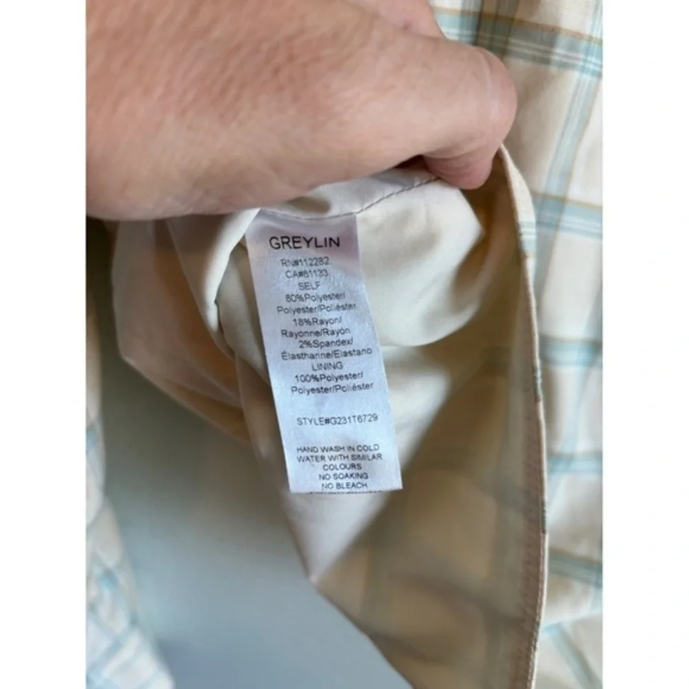 Greylin Cream Mint Plaid Square-Neck Crop Blouse Top M Light Academia Office - Picture 7 of 8